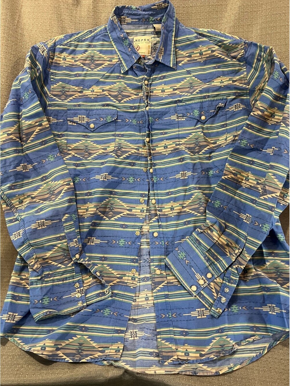 Roper Men XL Blue Southwestern Aztec Pearl Snap Western Shirt Long Sleeve
